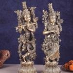 Pure Brass Superfine Radha Krishna Pair Statue 16" | Divine Grace Sculpture | Exquisite Silver Artisan Craftsmanship | 6 kg Idol | Home Temple Decor Gift